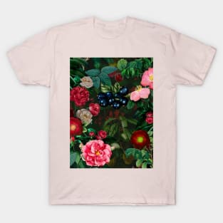 vintage flowers and leaves pattern, botanical pattern, floral illustration, black vintage floral over a T-Shirt